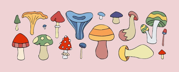 Vector vector doodle mushroom set isolated fungi icon collection retro hippie print funky magic mushrooms