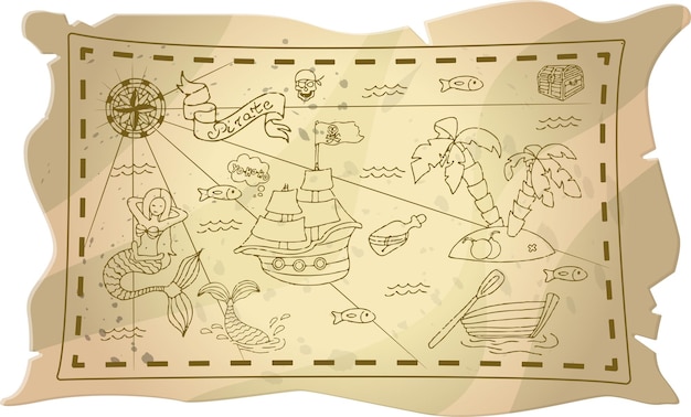 Vector vector doodle piraat set een kaart met een handgetekende schets van een zeemeermin schip en piraten items sjabloon f...