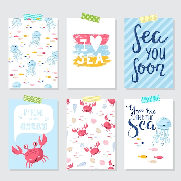 Vector doodle sea illustration. scandinavian style. ready cards with marine animals, whale, killer whale, crabs gull fish sea symbols