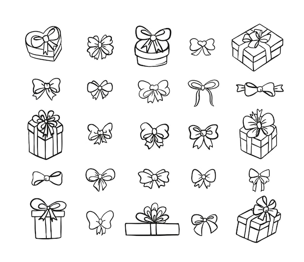 Vector doodle set arco e nastro regali illustrazione regali disegnati a mano isolati su bianco