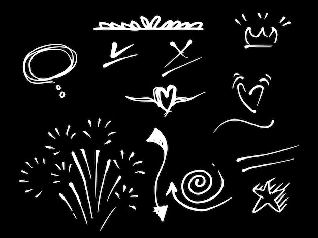 Vector doodle set of design element curly swishes swoosh swoops swirl arrow heart love crown