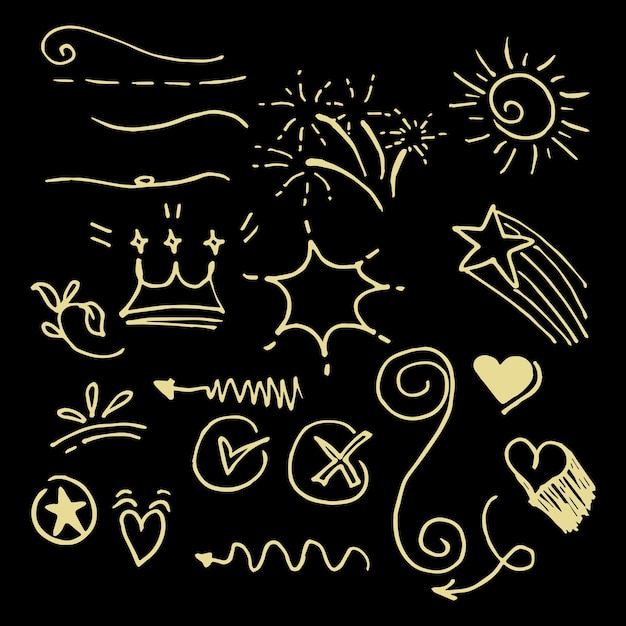 Vettore vector doodle set di elementi di design ricci swishes swoosh swoops swirl freccia cuore amore corona