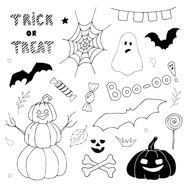 Vector doodle set Halloween clipart. Pompoen. Geest. Fijne Halloween