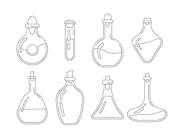 Vector doodle set of magic tubes and glass bottles with love potions. vector illustration