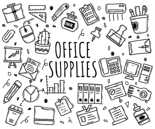 Vector doodle set of office supplies icons