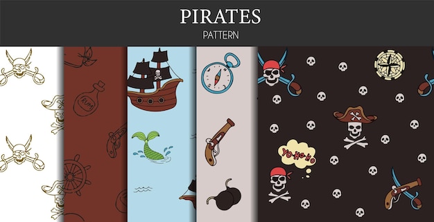 Vector doodle set of pirate seamless patterns a map with a handdrawn sketch of a mermaid ship and pi