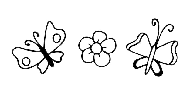 Vector vector doodle set with butterflies and flower hand drawn garden cliparts