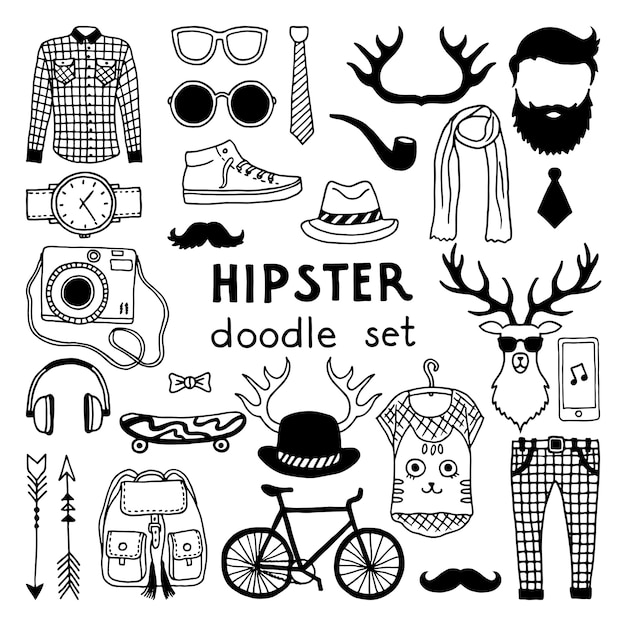 Vector doodle set with different hipster style elements