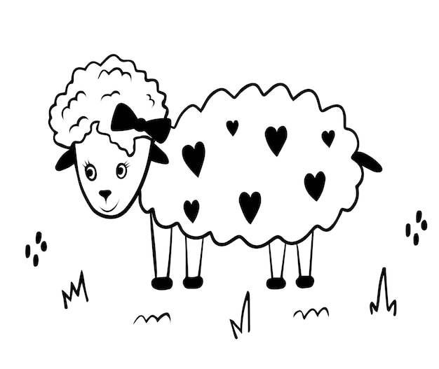 Векторные каракули овец с сердечками раскраска страницы книги для детей