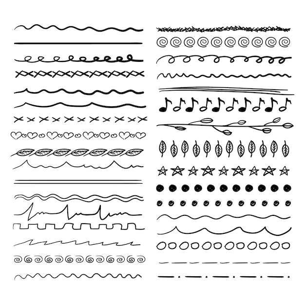 Gli elementi decorativi abbozzati di doodle di vettore disegnano le linee divisorie sottolineate