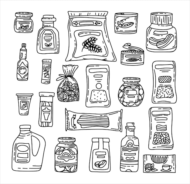 Vector doodle supermarkt producten hand getrokken scetch pictogrammen eten en drinken natuurlijke ingeblikte bakkerij an