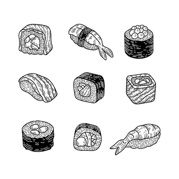 Vector vector doodle sushi set.