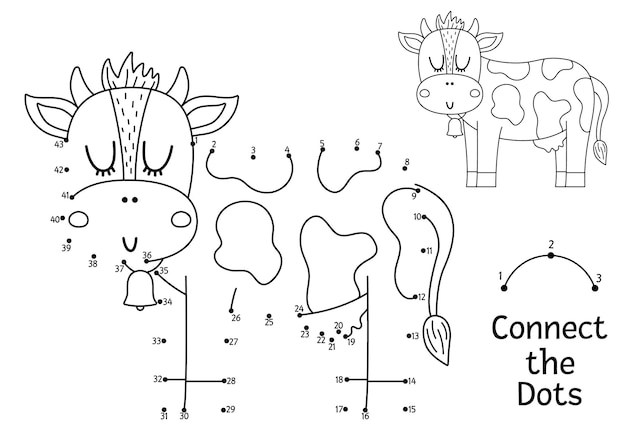 Вектор Векторная точка и цветная активность с милой коровой на ферме соедините игру точек для детей с забавным сельскохозяйственным животным страница раскраски сельской местности для детей распечатать рабочий листxa