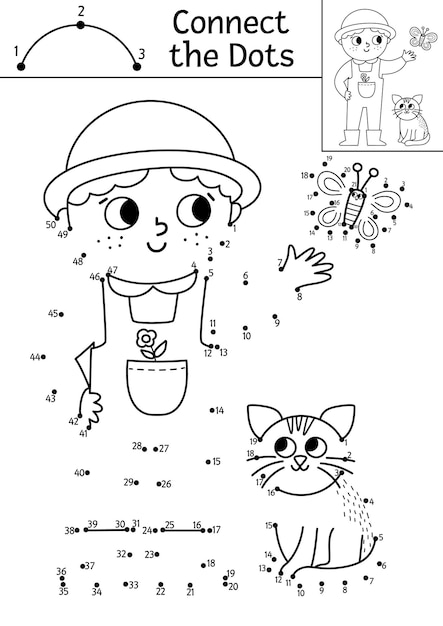 Векторная точка и цветная активность с милым фермером и кошкой на ферме соедините точки игры для детей с забавным мальчиком страница раскраски сельской местности для детей printable worksheetxa