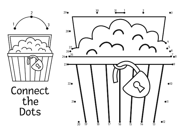 보물 상자가 있는 벡터 도트 도트 및 색상 활동 해적 섬은 도트 게임을 연결합니다 동전이 있는 트렁크가 있는 아이들을 위한 바다 모험 색칠 페이지 숫자가 있는 인쇄 가능한 워크시트xa