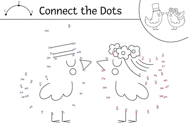 Vector dottodot and color activity with cute just married birds couple Wedding connect the dots game for children with animal bride and groom Marriage ceremony coloring page for kidsxA