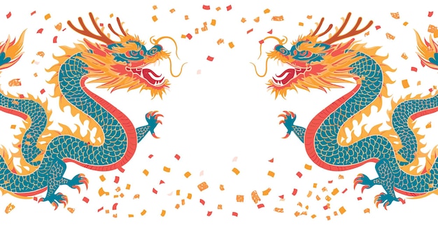 Vector double chinese dragon with confetti white background