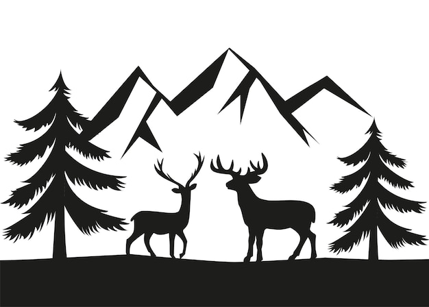 野生動物のデザイン コンセプトのベクトル二重露出鹿 木と野生動物の黒と白のシルエットを持つベクトル ヴィンテージ森林景観