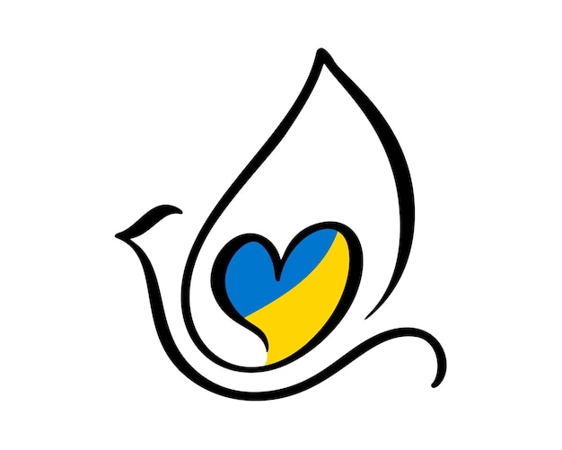 Vector Dove of peace and heart inside in blue and yellow colors of the flag of Ukraine Stop war in Ukraine