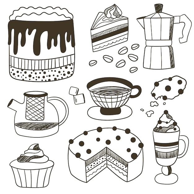 Illustrazione di disegno vettoriale con torta da dessert pasticceria tazza di tè e caffè set da tè e caffè