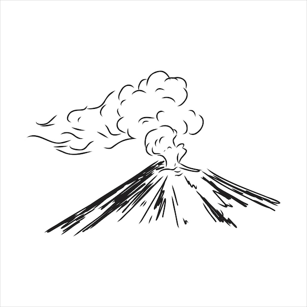 火山のベクトル描画スケッチ。噴火と雲と空を背景に煙。火山ベクトルスケッチ