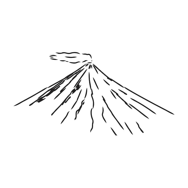 火山のベクトル描画スケッチ。噴火と雲と空を背景に煙。火山ベクトルスケッチ