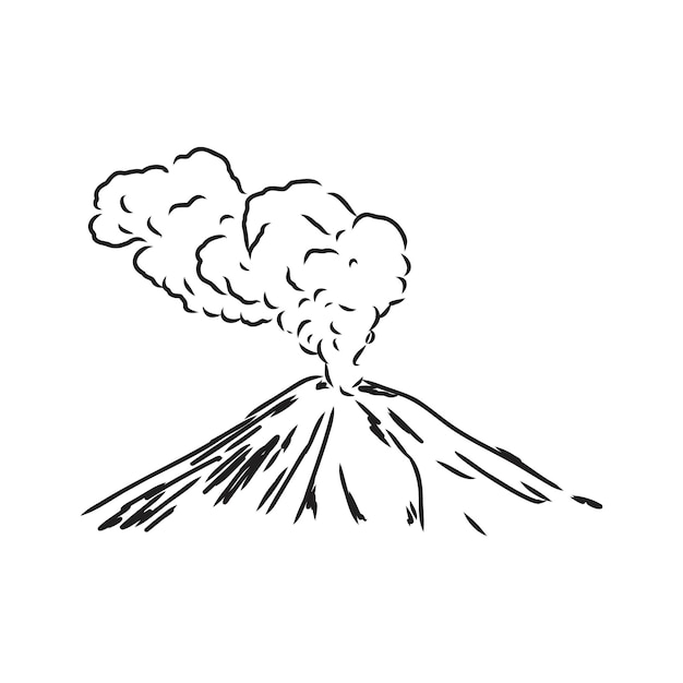 火山のベクトル描画スケッチ。噴火と雲と空を背景に煙。