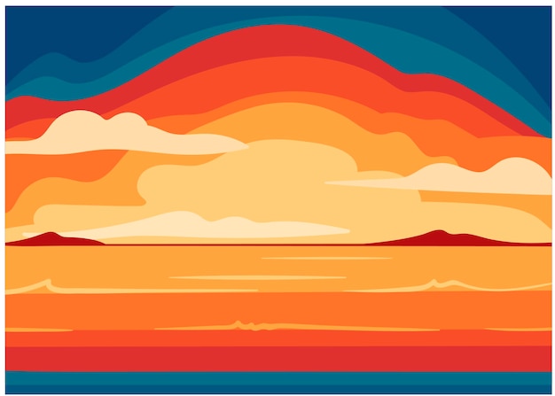 Vector drawing of a beautiful tropical landscape, a beautiful sunrise, a beautiful sunset on the sea