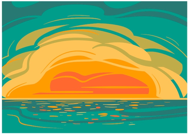 Vector vector drawing of a beautiful tropical landscape, a beautiful sunrise, a beautiful sunset on the sea