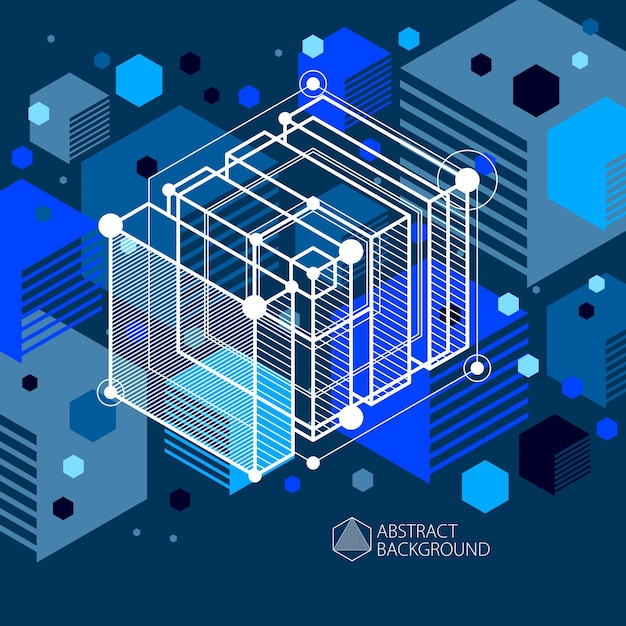 Vector drawing of blue black industrial system created with lines and 3D cubes. Modern geometric composition can be used as template and layout.