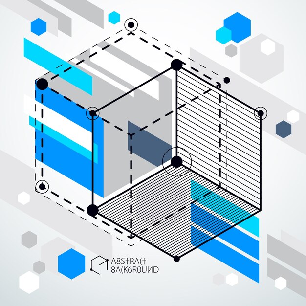 Vector drawing of blue industrial system created with lines and 3d cubes. modern geometric composition can be used as template and layout.