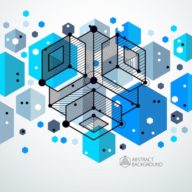 Vector drawing of blue industrial system created with lines and 3D cubes. Modern geometric composition can be used as template and layout.