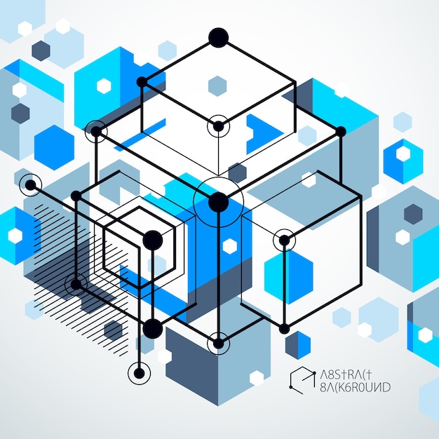 Vector drawing of blue industrial system created with lines and 3D cubes. Modern geometric composition can be used as template and layout.