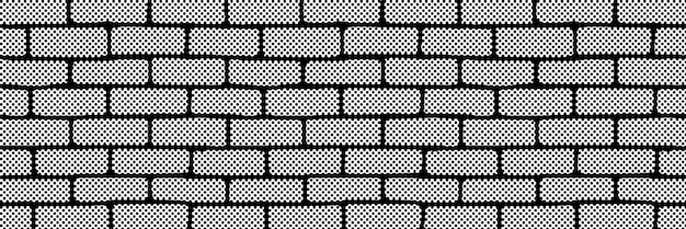 Vector drawing of a brick wall, banner, halftone dots background, fading dot effect, black and white