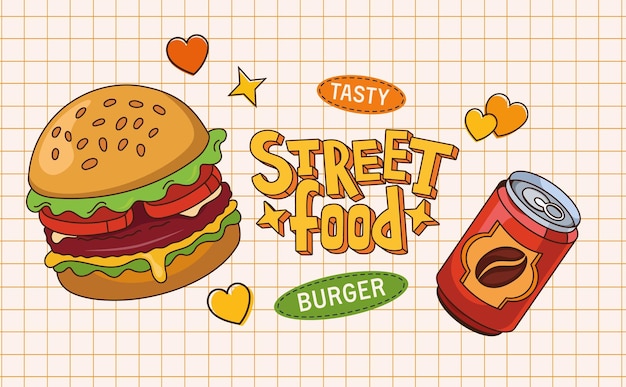 vector drawing of burger in bright colors on a light background.