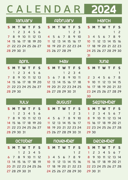 Vector vector drawing of calendar grid for 2024