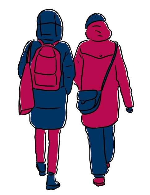 Vector drawing of casual townswomen walking along street