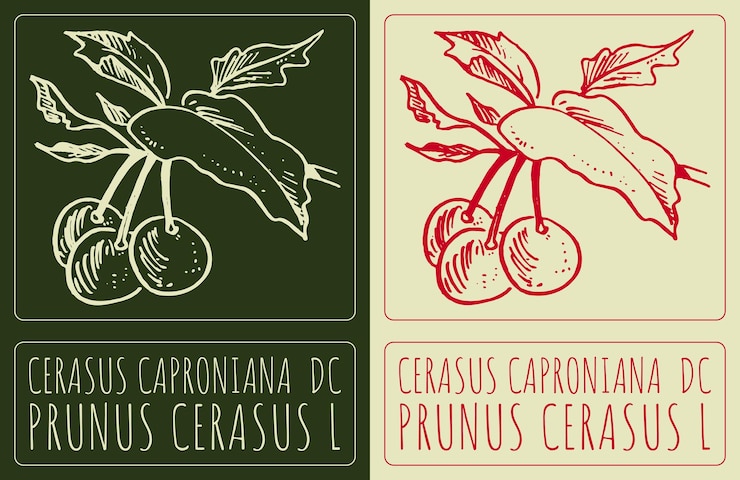 Vector vector drawing cerasus caproniana dc hand drawn illustration latin name is prunus cerasus l