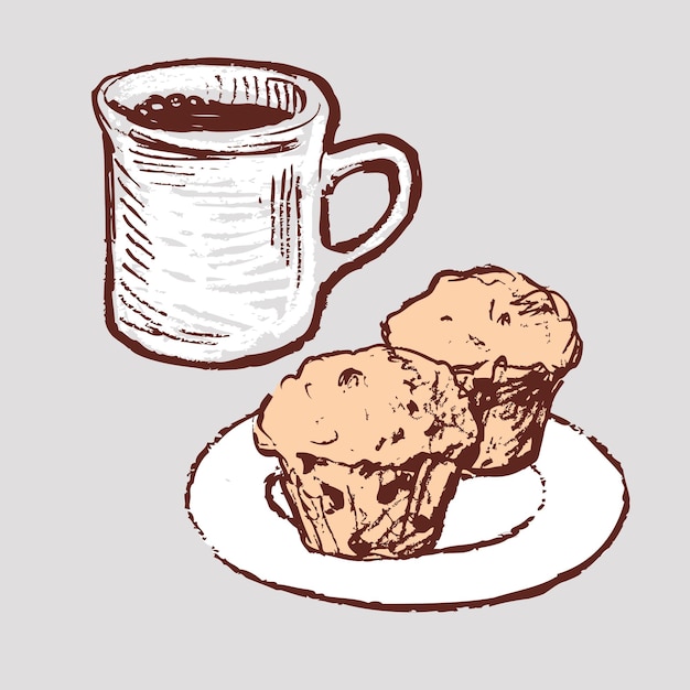 Vector drawing of coffee cup and muffins on saucer