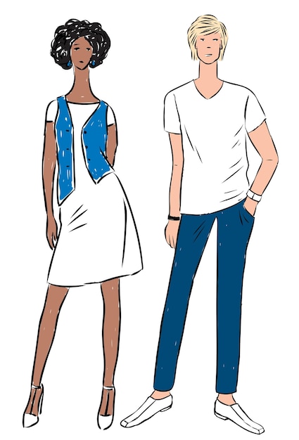 Vector vector drawing of couple young people in summer cotton jeans clothing