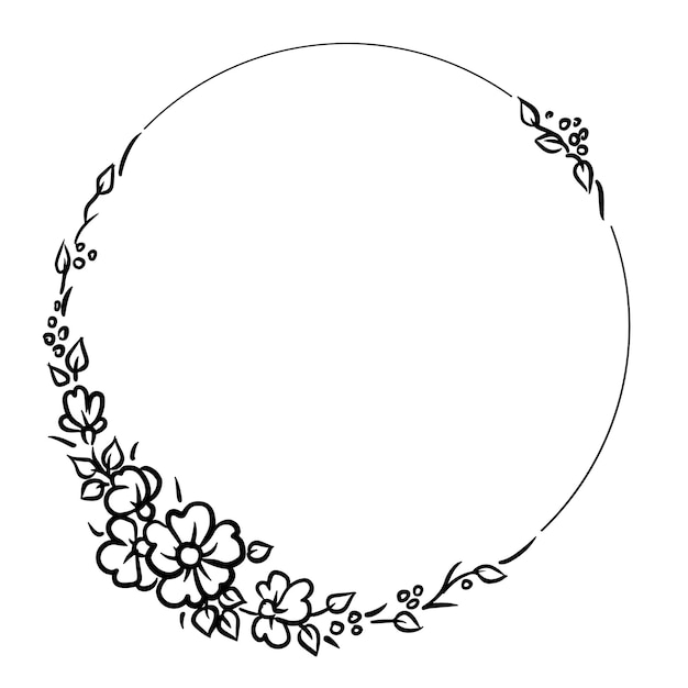 vector drawing, curly wreath of flowers and branches with leaves