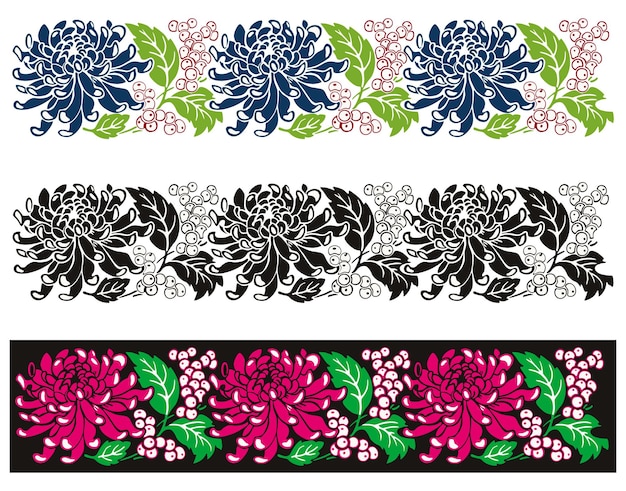 シルエットの庭の菊と装飾的な境界線のベクトル描画