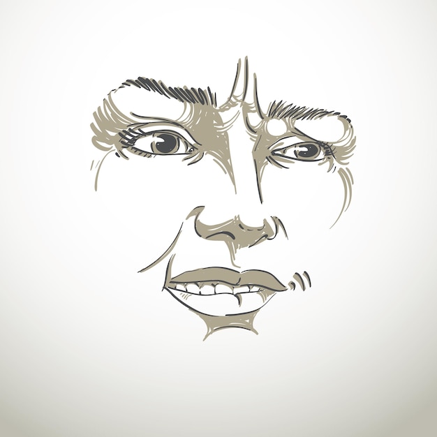 Vector vector drawing of distrustful woman, face features. black and white portrait of doubter lady, do not lie to me.