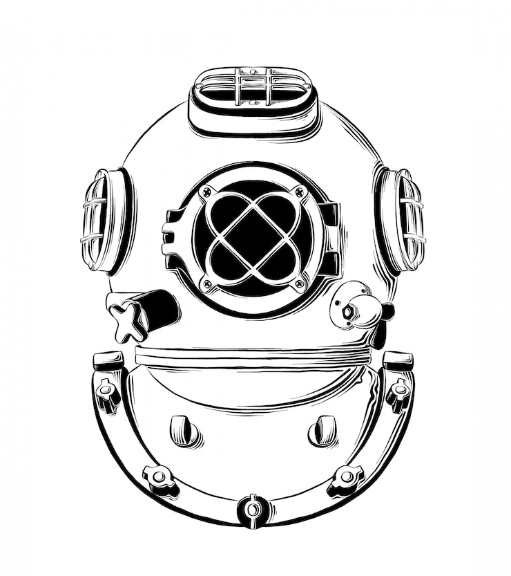 Vector vector drawing of diving helmet in black color, isolated on white .