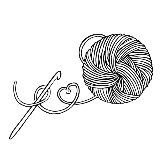 Vettore disegno vettoriale in stile doodle un gomitolo di lana e un gancio per lavorare a maglia all'uncinetto hobby