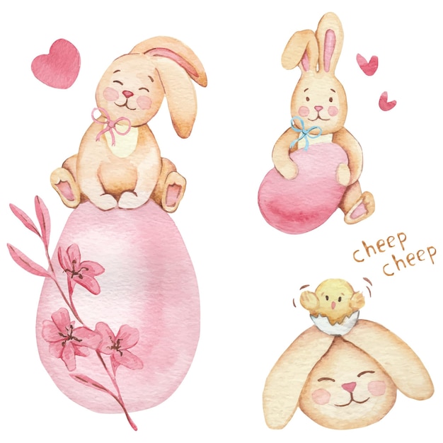 Vector drawing Easter bunnies made with handmade watercolor