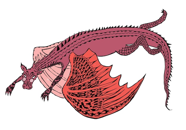 Vector drawing of flying red fairy tale dragon