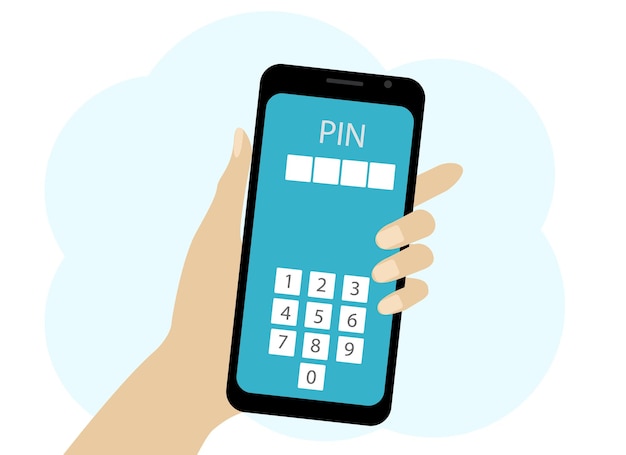 휴대 전화와 손의 드로잉 벡터입니다. 전화기에는 PIN 코드를 입력하기 위한 번호가 있습니다. 소유자 데이터 확인