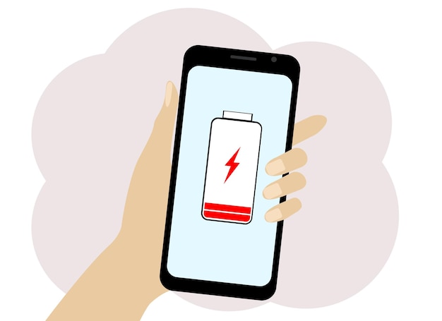 Vector drawing of a hand with a mobile phone. The phone has a low battery symbol in red.