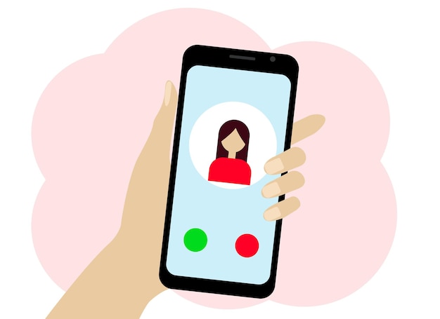 Vector vector drawing of a hand with a mobile phone. there is a woman icon on the phone. chat or online call